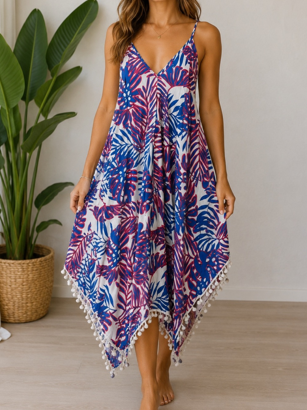 Goa Beachwear Pink and Blue Floral Print Midi Dress with Pom Pom Trim